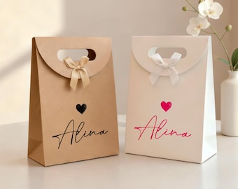 Custom Ribbon Bow Gift Bags with Name/Bridesmaid Gift Bags/Thank You Gift Bags/Personalized Shopping Paper Bags/Bow Tie Bags for Party Favor