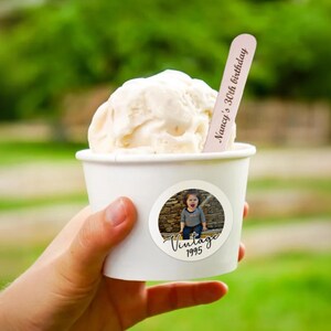 Personalized Paper Ice Cream Cups with Wood Spoons, Milestone Birthday Party Favor Cups, Ice Cream Parlor Supplies, Kids Birthday Treat Cups