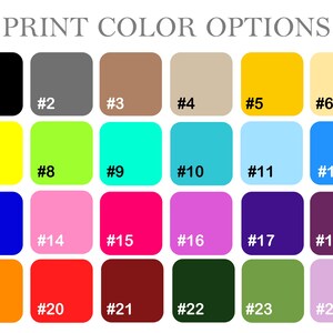 Pode incluir: Um gr&aacute;fico de cores com 24 op&ccedil;&otilde;es de cores, cada uma em um quadrado com um n&uacute;mero. As cores incluem preto, cinza, marrom, bege, amarelo, amarelo claro, verde lim&atilde;o, turquesa, azul claro e azul escuro. O texto na parte superior diz "PRINT COLOR OPTIONS."