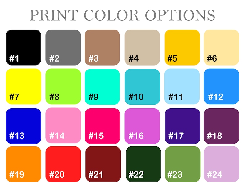 Pode incluir: Um gr&aacute;fico de cores com 24 op&ccedil;&otilde;es de cores, cada uma em um quadrado com um n&uacute;mero. As cores incluem preto, cinza, marrom, bege, amarelo, amarelo claro, verde lim&atilde;o, turquesa, azul claro e azul escuro. O texto na parte superior diz "PRINT COLOR OPTIONS."