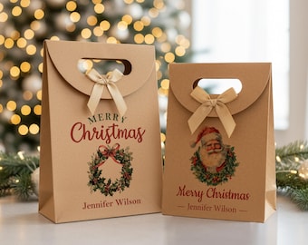 Sacolas de presente de Natal personalizadas em grandes quantidades, sacolas de presente pequenas de papel kraft com fita, sacolas de presente de Natal, sacolas de presente de aniversário, sacolas de lembrancinhas de Natal personalizadas
