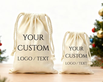 Custom Logo Cotton Favor Bags - Personalized Drawstring Pouch - Business Logo Gift Bags - Corporate Gift Bags - Company Branding Canvas Bags