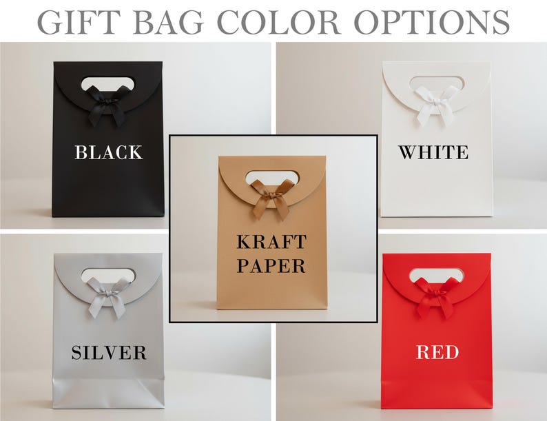 Pode incluir: Uma variedade de sacolas para presentes em v&aacute;rias cores: preto, branco, papel kraft, prata e vermelho. Cada sacola apresenta uma al&ccedil;a, um la&ccedil;o decorativo e o nome da cor impresso em branco.