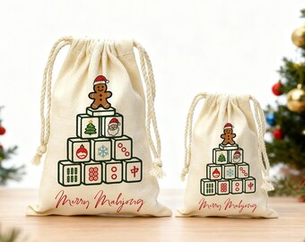 Bolsa navideña con cordón Merry Mahjong / Saco de Papá Noel de Mahjong / Regalo navideño único para amantes del Mahjong / Bolsas de lona para regalos y detalles navideños