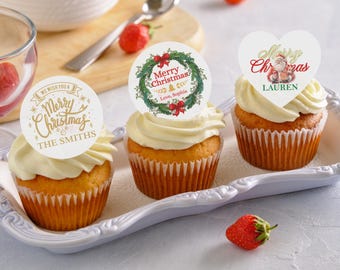 Personalized Christmas Edible Cupcake & Cocktail Toppers | Festive Drink Decor | Custom Merry Xmas Party Table Decor | Holiday Martini Favor