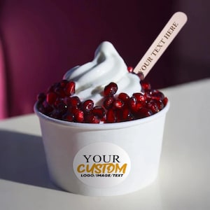 Custom Company Logo Ice Cream Cups & Wood Spoons/Bulk Disposable Snack Cups/Office Treat Cups/Kids’ Ice Cream Cups/Wedding Party Favors Cups