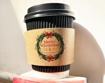 Merry Christmas Paper Cups with Lids – Personalized To-Go Cocoa & Coffee Bar Cups/Custom Disposable Drink Cups w/Sleeves/Holiday Party Decor