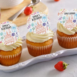 Edible Birthday Party Cupcake Toppers, Hand-Drawn Wafer Cocktail Toppers, Customizable Drink Toppers for Child or Adult Birthday Party Decor
