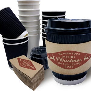 Tasses à café en papier de Noël avec couvercles et manches - Gobelets jetables pour boissons chaudes personnalisés pour les vacances, décoration de fête de mariage, cadeaux de Noël cacao