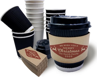 Christmas Paper Coffee Cups with Lids & Sleeves – Personalized Disposable Hot Drink Cups for Holiday, Wedding Party Decor, Xmas Cocoa Favors
