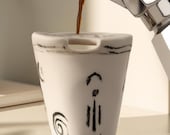 Ceramic Travel Mug with Black Line Art – One of a Kind Sculptural Coffee Cup