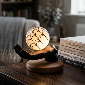 May include: A table lamp featuring a matte black hand sculpture resting on a circular wooden base. The hand holds a glowing, spherical white glass shade decorated with a black spiderweb pattern. The lamp emits a soft, warm light from within.