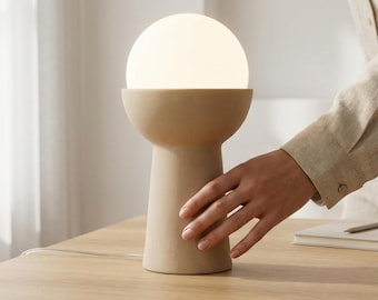 Sculptural Ceramic Table Lamp, Warm Cream Minimal Lamp, Opal Globe Desk Light