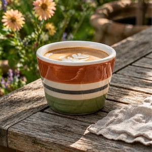 Op de afbeelding: Een keramische koffiekop met een latte, met een gestreept ontwerp in oranje, zwart en groen. De beker staat op een verweerde houten tafel, met een linnen servet aan de zijkant. Bloemen zijn op de achtergrond.