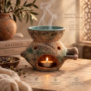 Può includere: Un bruciatore di oli essenziali in ceramica artigianale testurizzata con una finitura rustica maculata marrone e verde. Presenta un'ampia ciotola superiore, un'apertura centrale con una candelina accesa e un manico laterale.