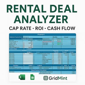 May include: A digital real estate investment analysis tool titled "Rental Deal Analyzer" in green text. The tool displays financial data, including property information and expenses, on a white background.