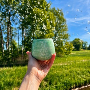 Handmade Green Ceramic Cup Minimalist Pottery Mug  Glossy Glaze  Unique Artisan Drinkware
