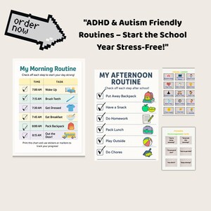 May include: A set of printable ADHD and Autism-friendly routine charts and visual aids. The charts include morning and afternoon routines with checklists. The image also features visual cards and encouragement cards.