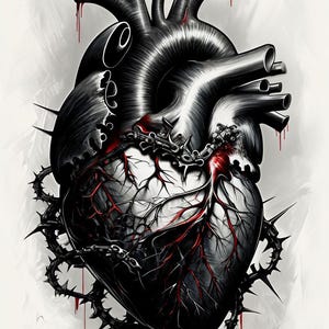Gothic Anatomical Heart Digital Print | Dark Surreal Wall Art | Bleeding Heart Wrapped in Thorns | Emotional & Symbolic Decor