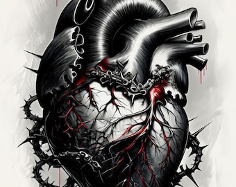 Impresión digital de corazón anatómico gótico / Arte mural surrealista oscuro / Corazón sangrante envuelto en espinas / Decoración emotiva y simbólica