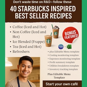 40 receitas de café inspiradas no Starbucks mais vendidas para abrir seu café hoje mesmo com modelo de cardápio do Canva e planilhas de monitoramento de negócios do Excel