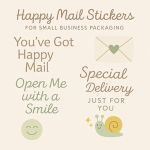 Adesivi Kawaii Happy Mail PNG SVG / Etichette per imballaggio per piccole imprese / Adesivi per spedizioni carini per il branding fatto a mano