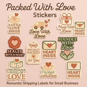 Naklejki Packed With Love | Romantyczne etykiety wysyłkowe PNG do małych opakowań firmowych | Serce w środku Cyfrowy clipart