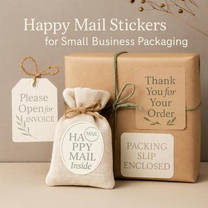 Kit d'autocollants à imprimer et à expédier pour l'emballage des petites entreprises | Etiquettes botaniques Happy Mail en vert sauge et taupe doux