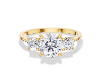 Three Stone Engagement Ring, Round Cut Moissanite Ring, Lab Grown Diamond Ring, 10k 14k 18k Solid Gold Past Present Future Bridal Ring