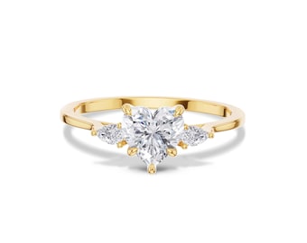 Heart Pear Three Stone Engagement Ring, Moissanite Ring, Lab Grown Diamond Ring, 10k 14k 18k Solid Gold Past Present Future Bridal Ring