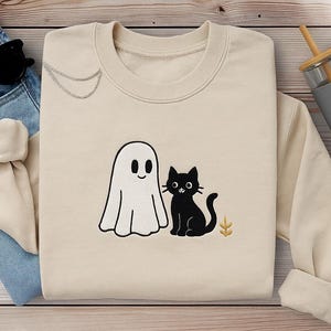 Embroidered Ghost Cat Sweatshirt | Cute Halloween Sweater | Spooky Cat Sweatshirt | Ghost Cat Embroidery | Cozy Fall Sweatshirt | Cat Lover