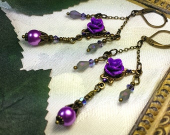 Lavender Rose Pearl Victorian Earrings, Amethyst Rosebud Gothic, Orchid Purple Edwardian Drop, Antique Gold Bronze Titanic Temptations 16010