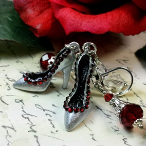 Blood Red High Heel Earrings, Stiletto Shoe Silver Charms, Hollywood Lady's Pump Shoes, Silver Shoe Dangle Drops, Titanic Temptations 17025 image 2