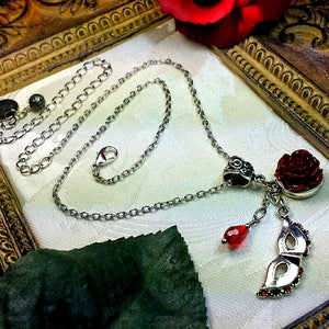 Phantom of the Opera Blood Red Rose Silver Pendant Necklace, Gothic Victorian Steampunk Garnet Rosebud Mask Charm, Titanic Temptations 16007 image 1