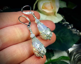White Sea Opal Silver Gothic Victorian Earrings, Ivory Glow Opalite Teardrop Steampunk Edwardian Bridal Drops, Titanic Temptations Jewelry
