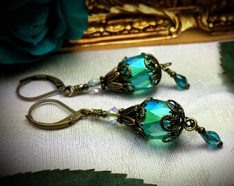 Peacock Green Victorian Earrings, Aqua Turquoise Teal Cathedral Edwardian Bridal Drops, Steampunk Antiqued Bronze, Titanic Temptations 17010