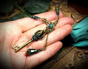 Peacock Green Key Victorian Necklace, Blue Zircon Steampunk Key, Skeleton Key Gothic Pendant, Antique Gold Bronze, Titanic Temptations 17020