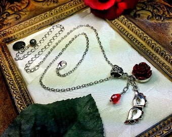 Phantom of the Opera Blood Red Rose Silver Pendant Necklace, Gothic Victorian Steampunk Garnet Rosebud Mask Charm, Titanic Temptations 16007