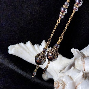 Long Silver Victorian Earrings, Manmade Hematite, Pewter Edwardian Bridal, Gothic Gunmetal, Antique Gold Bronze, Titanic Temptations 23001 image 1