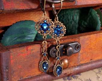 Montana Blue Earrings, Faded Denim Blue, Victorian Drops, Sapphire Gothic Vintage Edwardian Style Steampunk Bronze Titanic Temptations 18007