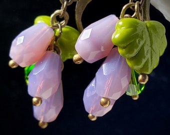 Grape Cluster Victorian, Purple Green Fruit Earrings, Amethyst Sea Opal Edwardian, Green Glass Leaf Antique Bronze Titanic Temptations 21007