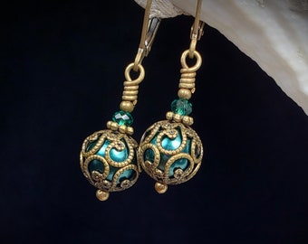 Peacock Green Pearl Victorian Earrings, Teal Gothic Drop, Turquoise Steampunk, Aqua Edwardian Antique Gold Bronze Titanic Temptations 19003