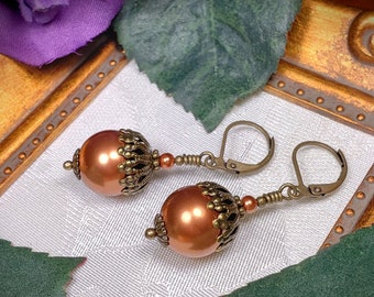 Acorn Victorian Earrings, Autumn Fall Orange, Copper Brown Crystal Pearl, Steampunk Drops, Antique Gold Bronze, Titanic Temptations 12035