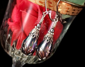 Peacock Blue Shell Pearl Victorian Earrings, Lustrous Rainbow Teardrop, Gothic Black Pearl Antique Silver Gunmetal Titanic Temptations 21011