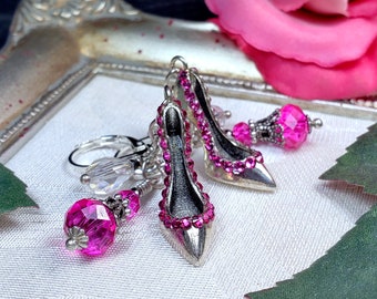 Hot Pink Silver Shoe Earrings, Fuchsia High Heels, Pink Stiletto Charms, Bight Pink Lady's Pumps, Marylin Monroe, Titanic Temptations 18011