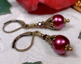 Wine Red Pearl Victorian Earrings, Dark Red Gothic, Burgundy Edwardian Bridal, Maroon Gothic Drop, Antique Gold Bronze, Titanic Temptations