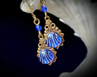 Royal Blue Bronze Victorian Earrings, Gothic Blue, Antiqued Gold, Cobalt Blue Steampunk, Sapphire Blue Edwardian, Titanic Temptations 19004
