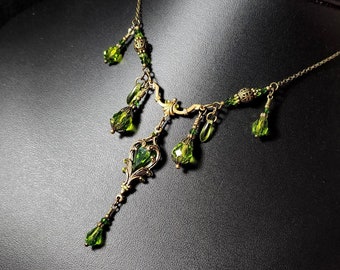 Peridot Green Victorian Choker, Gothic Heart, Lime Green Heartstone, Olivine Edwardian Bridal, Antique Gold Bronze Titanic Temptations 23005