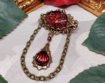 Red Rose Victorian Brooch Pin, Blood Red Gothic, Crimson Edwardian Brooch Pressed Glass Flower Antique Gold Bronze Titanic Temptations 19007