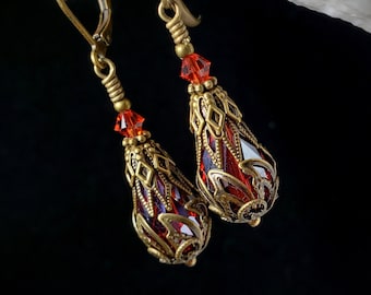 Red Orange Victorian Earrings, Gothic Orange Teardrop, Edwardian Bridal, Steampunk Fire Red, Antique Gold Bronze Titanic Temptations 19011